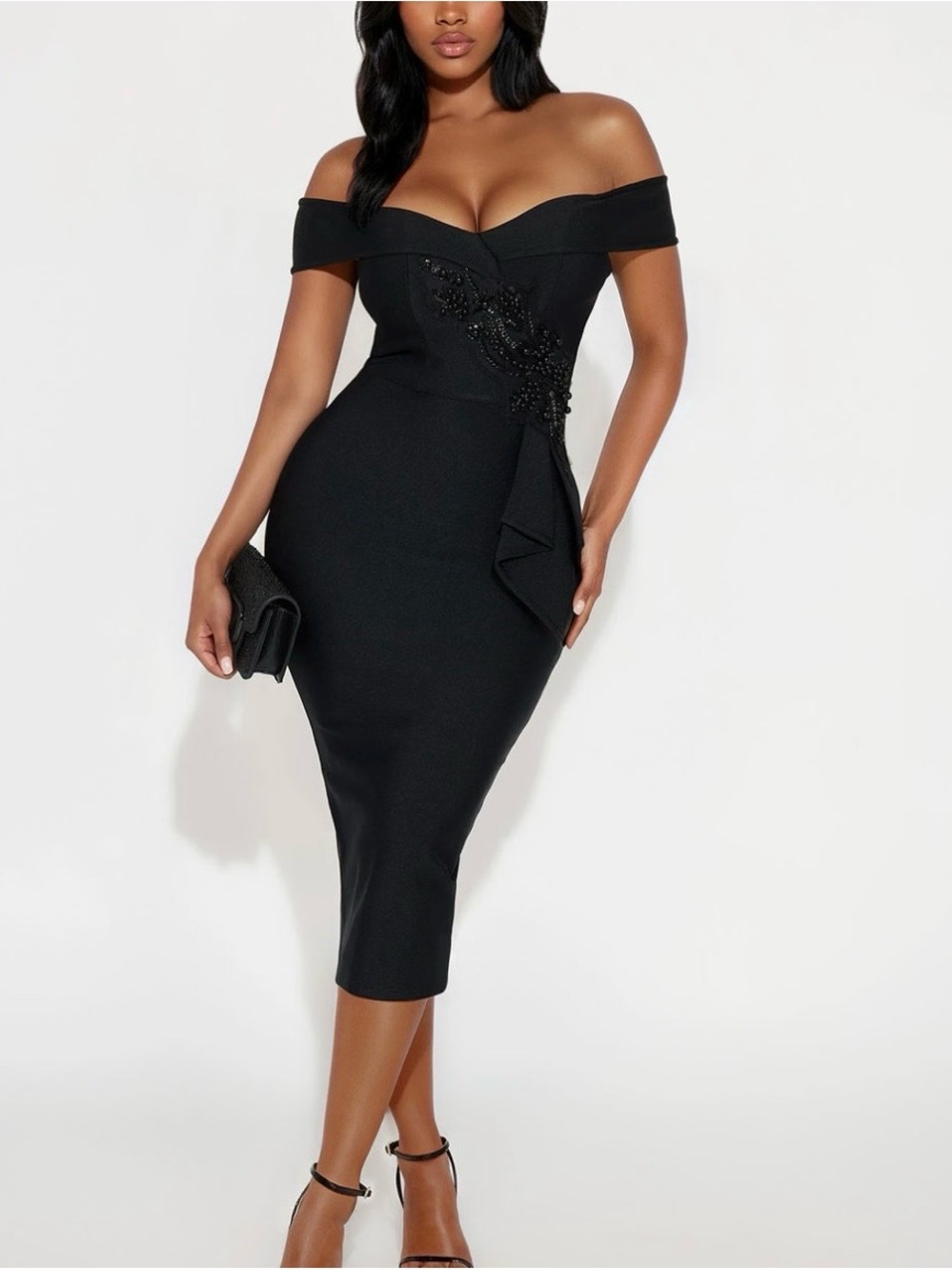 Fashion Nova Off-Shoulder Black Beaded Bodycon Midi Dress